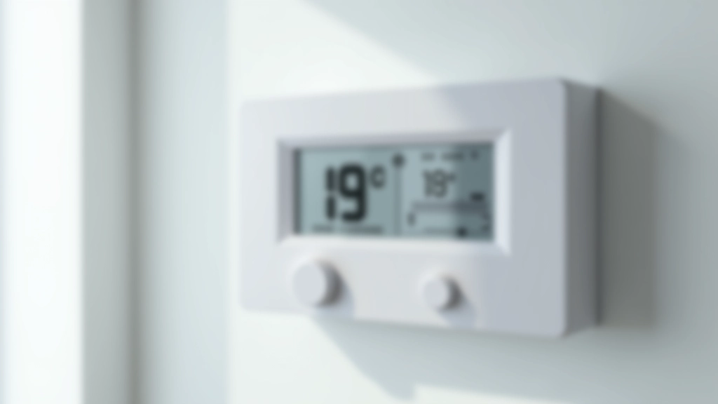 Thermostat programmable blanc affichant 19 degrés Celsius dans un salon avec canapé gris et plantes vertes