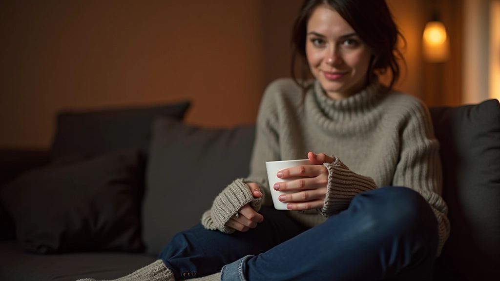 Personne portant un pull chaud et des chaussettes épaisses assise sur un canapé avec une tasse de thé
