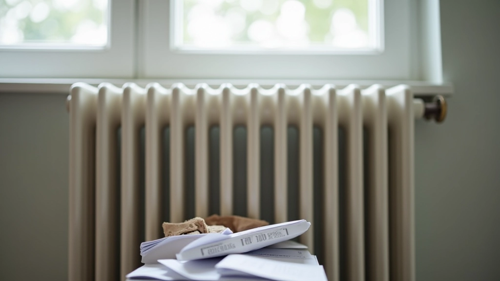 Radiateur blanc avec des affaires accumulées devant dans un coin de chambre mal rangée