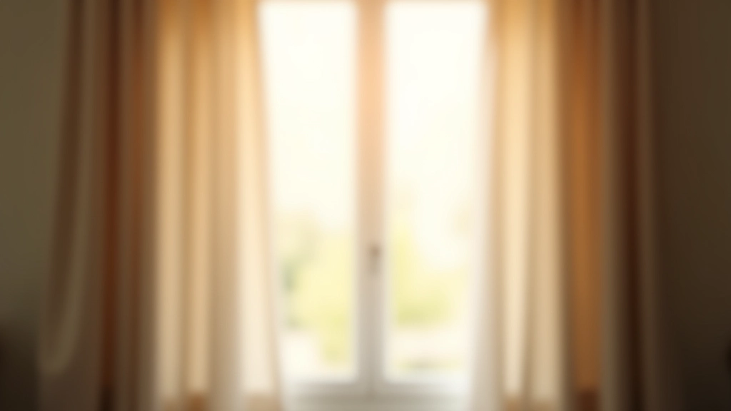 Fenêtre ouverte montrant des rideaux épais qui bougent avec le vent dans un intérieur lumineux